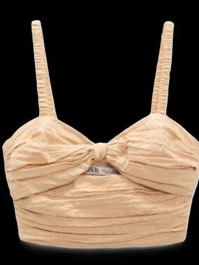 ZARA Beige Cotton crop bow-tie top